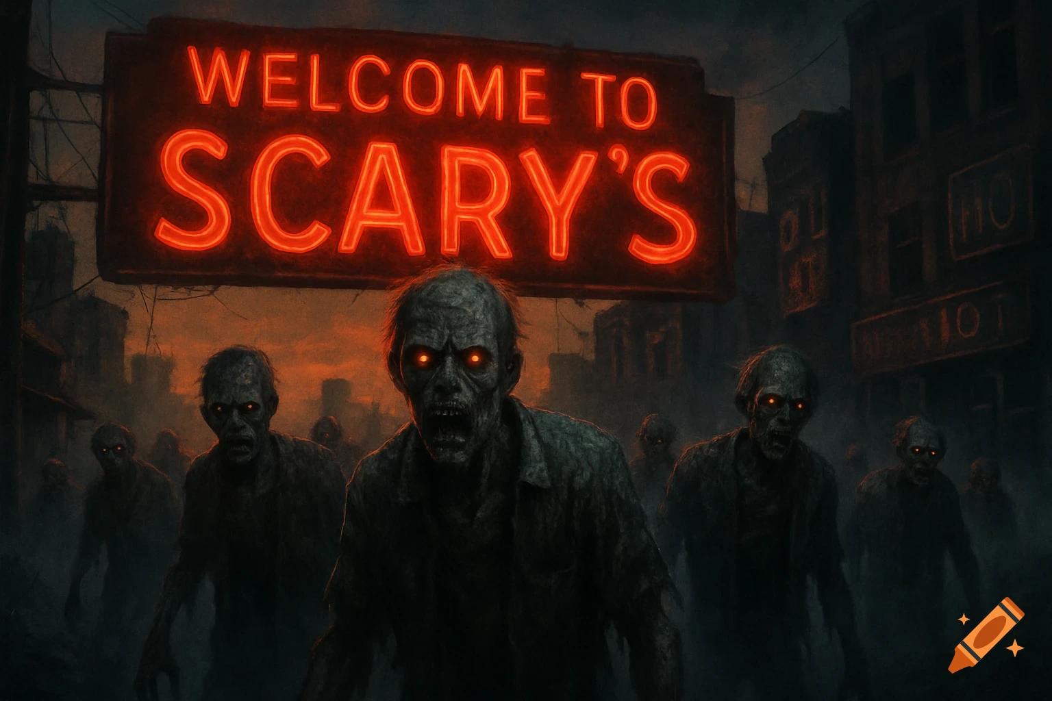 A horde of menacing zombies with glowing red eyes under a red neon sign that reads 'WELCOME TO SCARY'S' in a dark, foggy city.