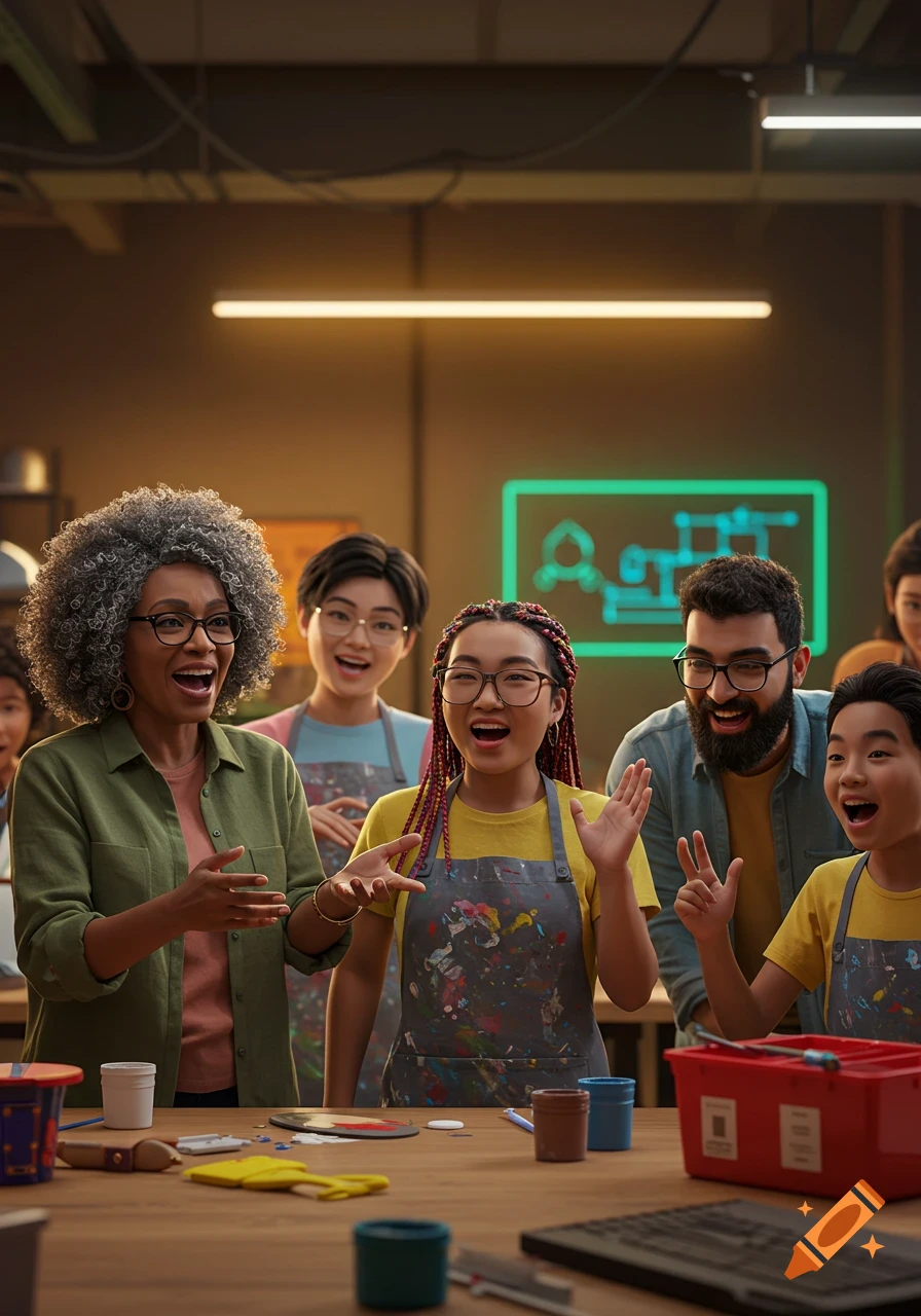 A diverse group of smiling adults and children in aprons, some splattered with paint, happily interacting in a brightly lit makerspace.