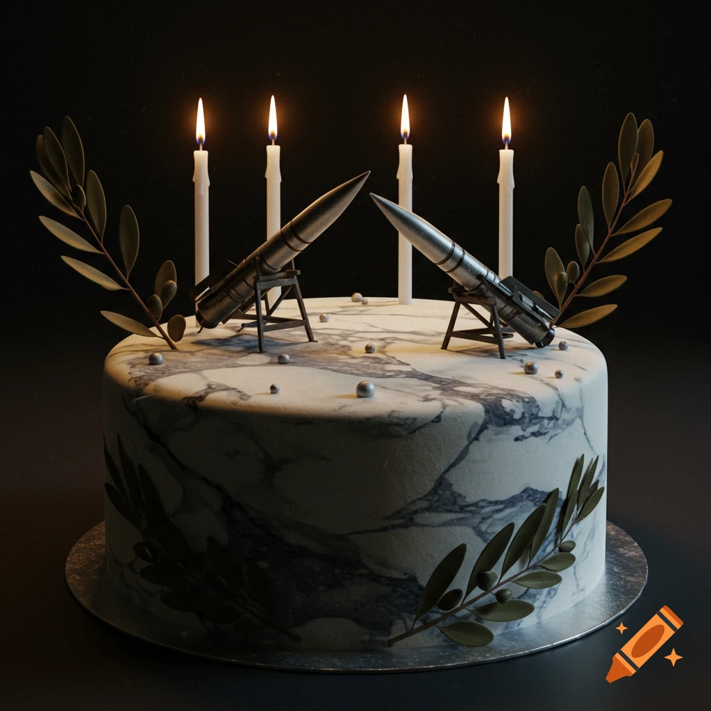 A white marble cake decorated with four lit candles, two miniature missiles, and olive branches, set against a dark background.