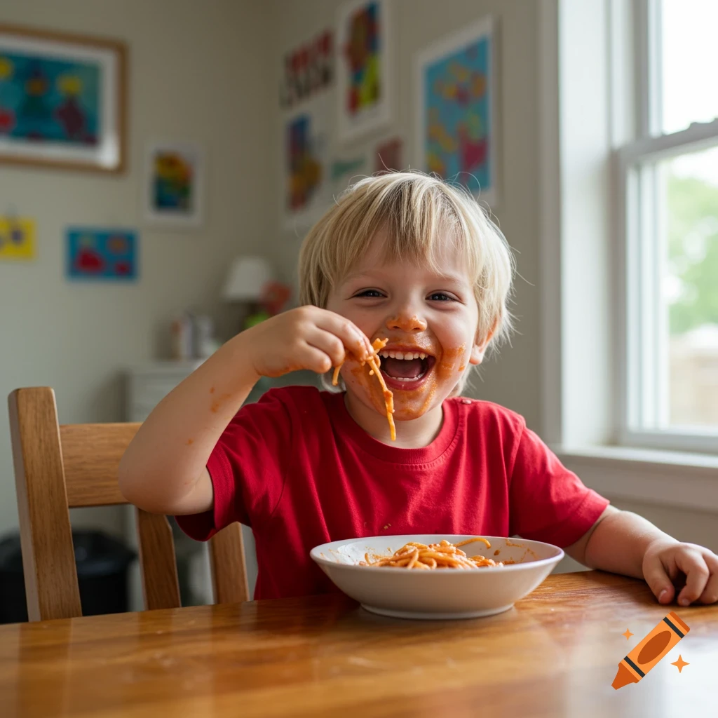 A happy blonde boy with a red shirt messily eats spaghetti with his hands at a wooden table, smiling widely.