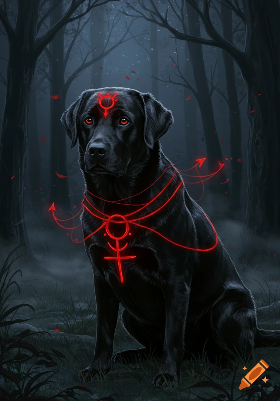 A black labrador with glowing red occult symbols on its head and chest, sitting in a dark, misty forest with red leaves.
