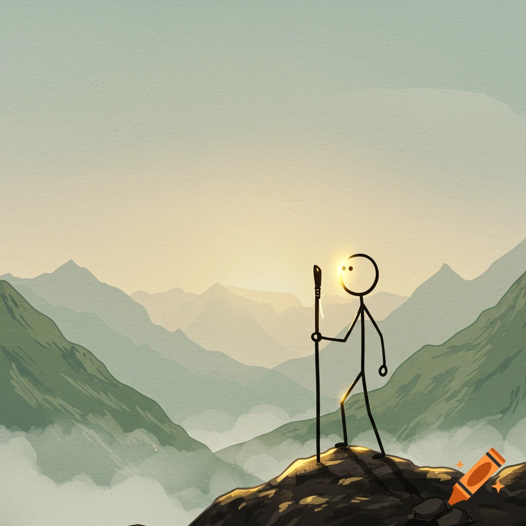 A stylized stick figure holding a trekking pole stands on a sunlit mountain peak, with layers of green mountains in the background under a soft sky.