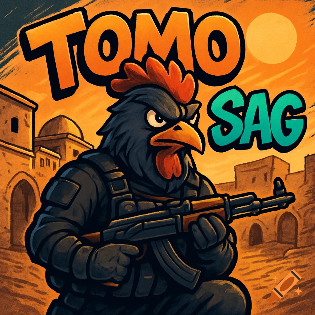 Cartoon rooster in tactical gear holding a rifle, with 'TOMO SAG' text and a desert background.