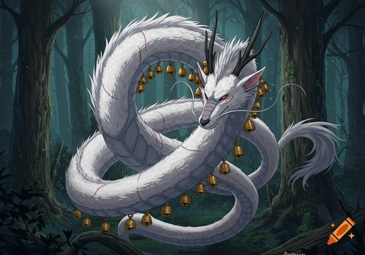 An anime-style white dragon with red eyes and black horns, adorned with gold bells, coiled in a dark forest.