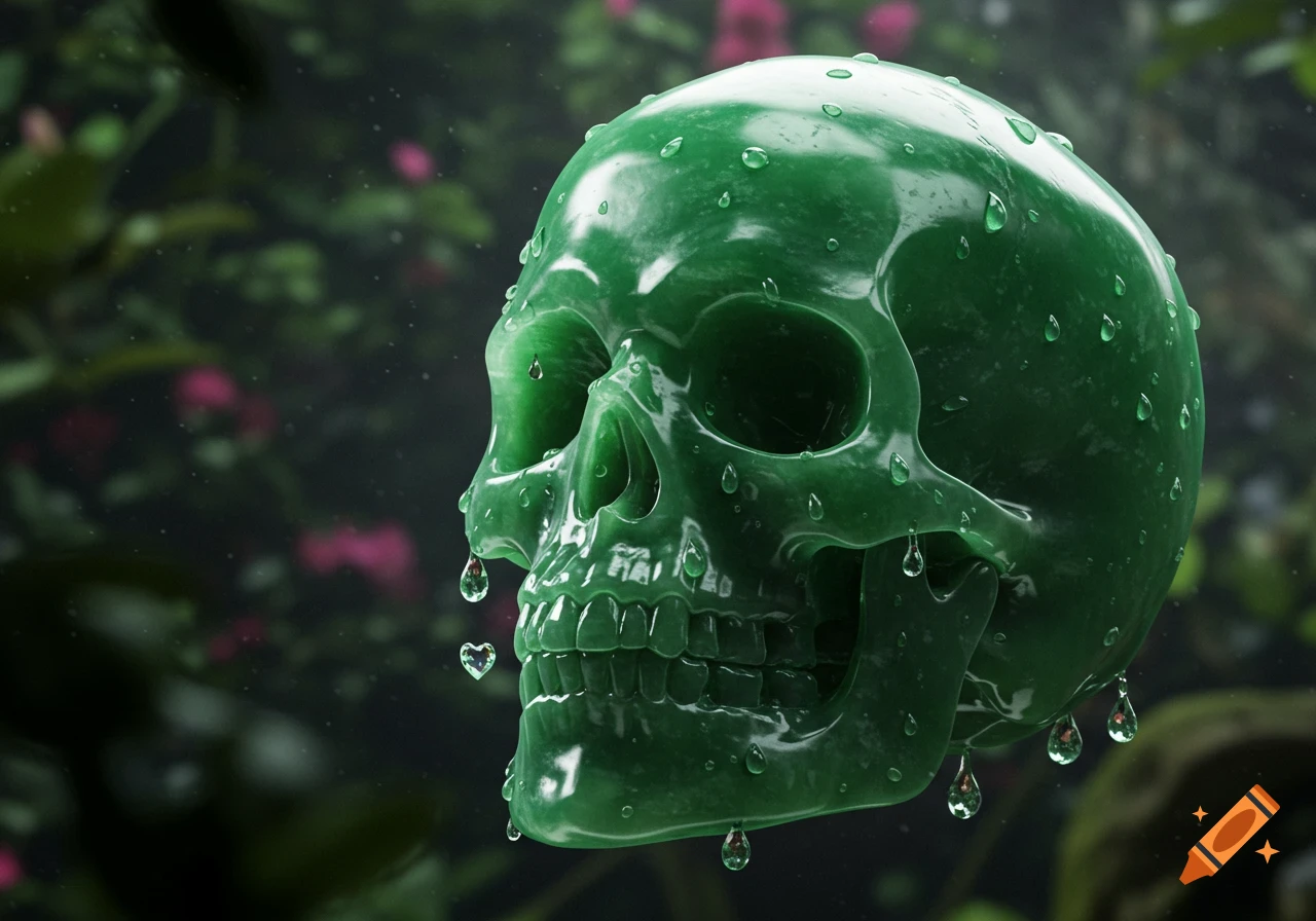 A vibrant green jade skull, covered in glistening water droplets, features a small heart-shaped droplet near its mouth against a blurry dark green foliage background.