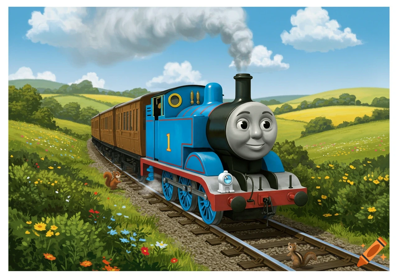 Thomas the Tank Engine, a blue train with the number 1, chugs along tracks through a green, hilly countryside with flowers and squirrels.