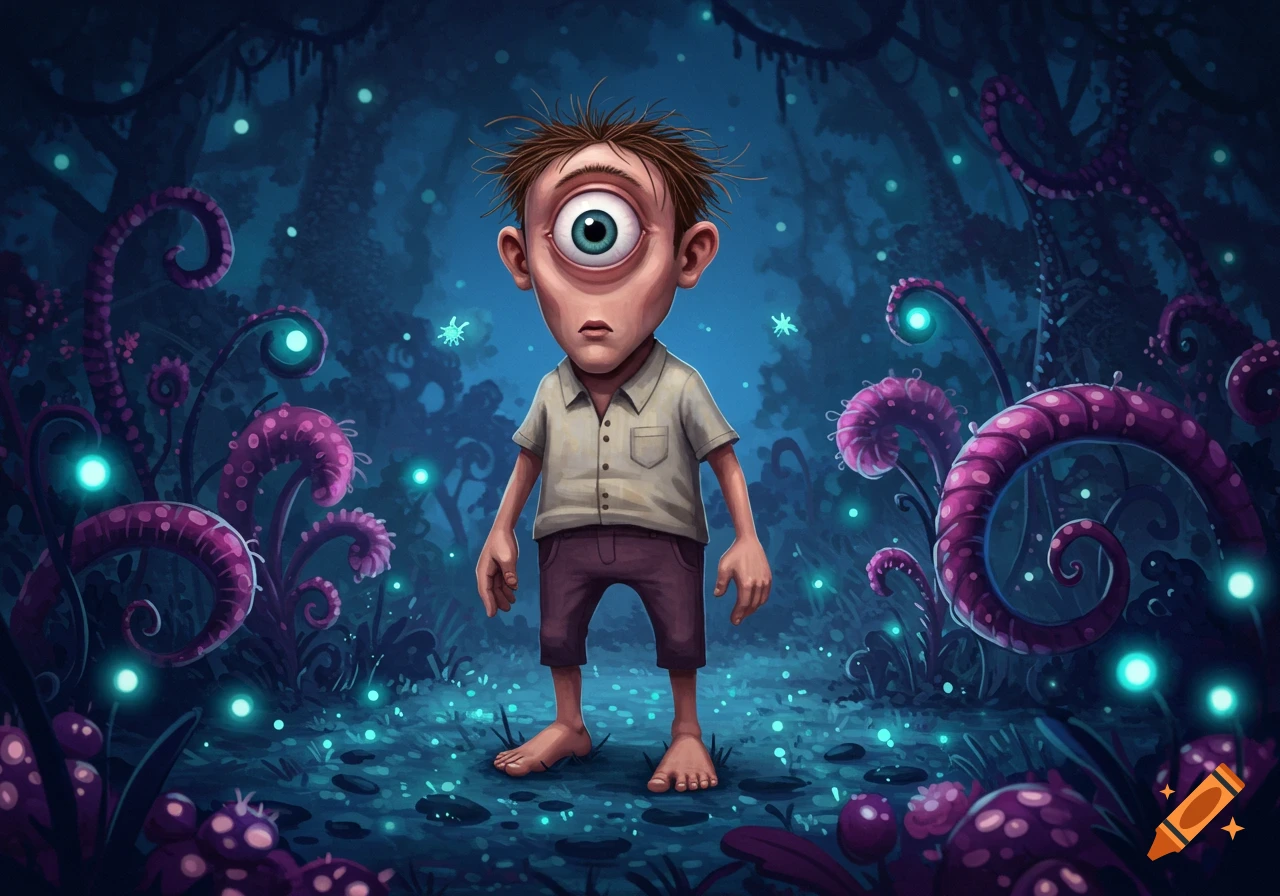 A cartoon cyclops with big feet stands in a dark, glowing fantasy forest with purple plants.