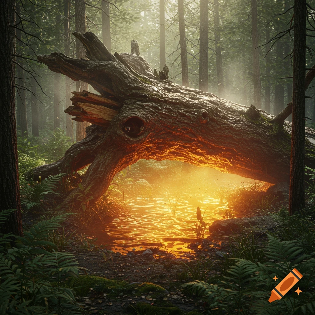 A majestic fallen tree arching over a glowing golden pool in a verdant forest, with sunlight filtering through the canopy.
