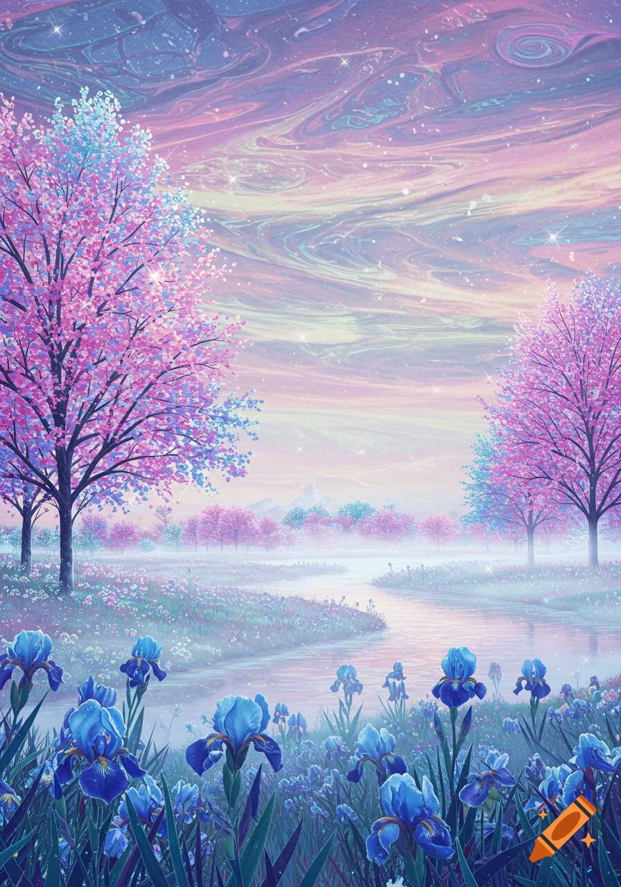 A vibrant, dreamy landscape with pink flowering trees, blue irises by a winding river, under a swirling pastel sky.