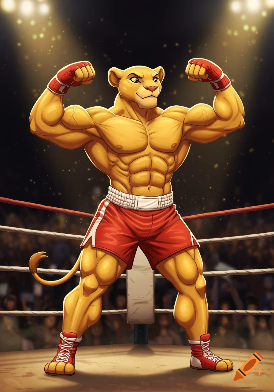A muscular anthropomorphic lioness in red boxing shorts and gloves flexes her biceps in a boxing ring, in a 2D Disney animation style.
