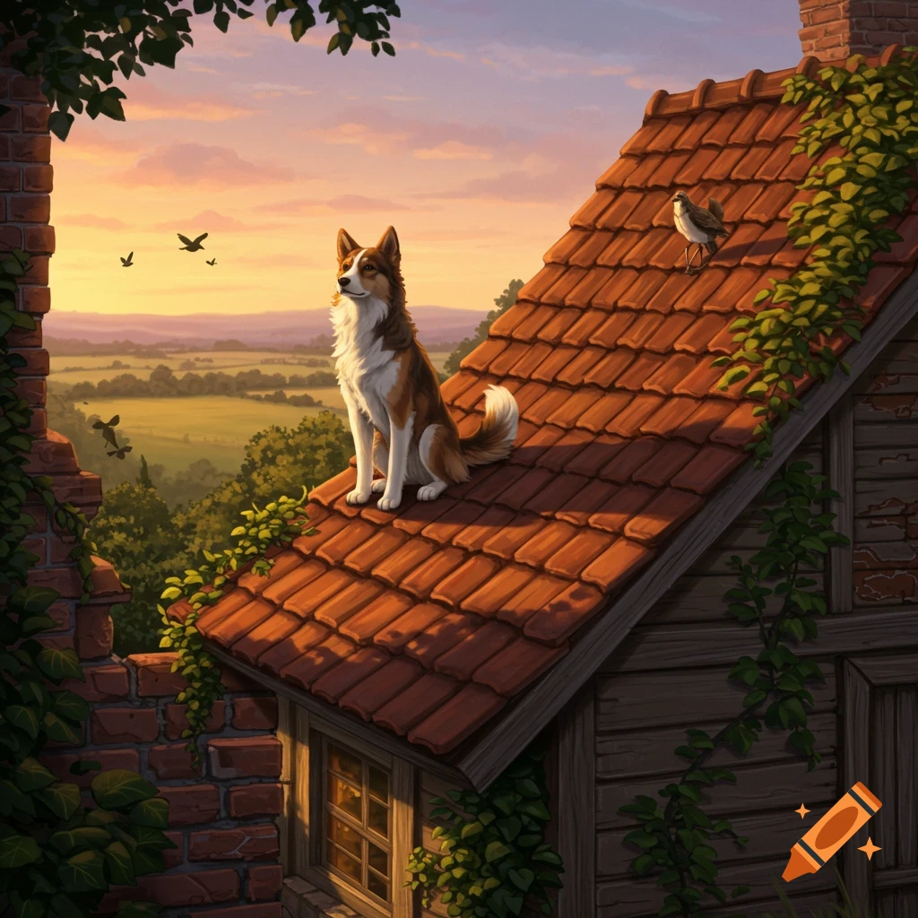A dog sits atop a red-tiled roof, gazing out over a serene green landscape with a sunset sky, in an illustrated style.