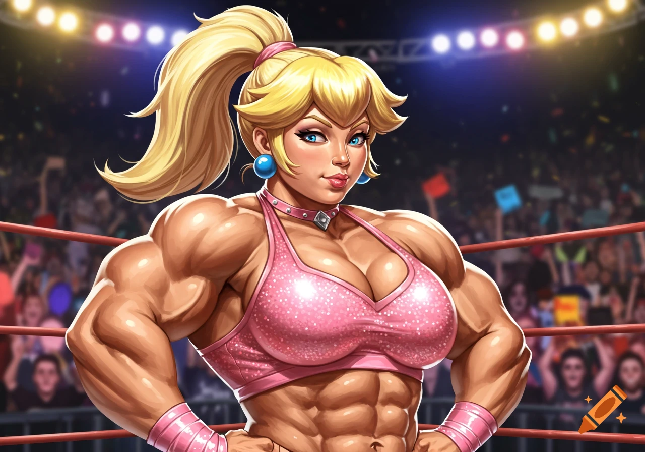 Muscular Princess Peach-like character in a pink wrestling outfit poses in a WWE ring, anime style.