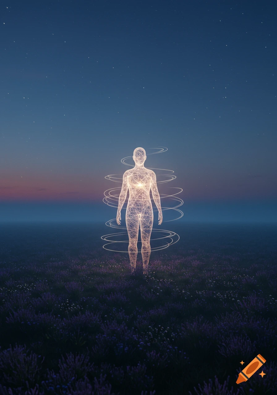 A glowing wireframe human figure stands in a field of purple flowers under a starry twilight sky, with light emanating from its chest.