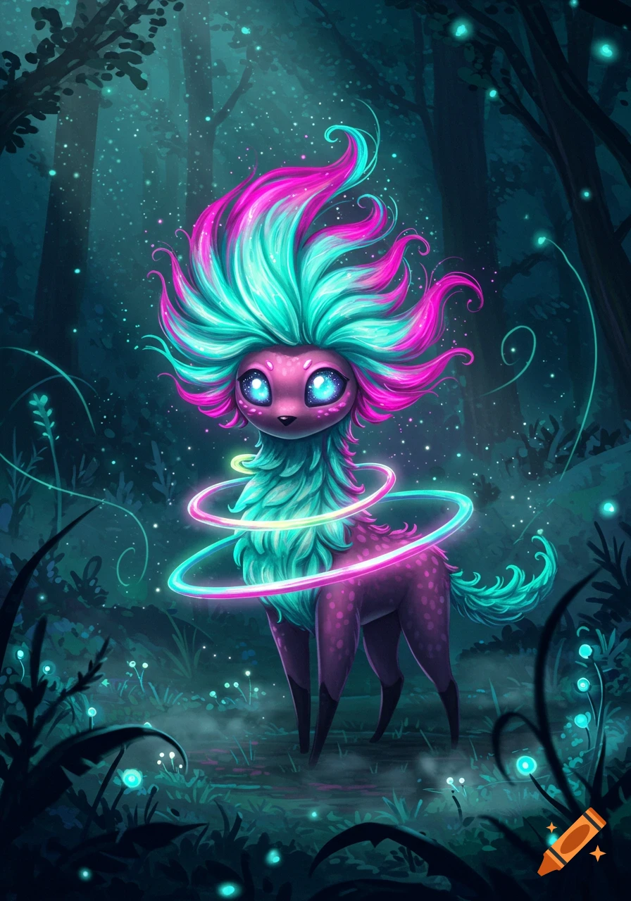 A vibrant, deer-like creature with glowing pink and turquoise fur, large blue eyes, and neon rings around its body, stands in a dark, magical forest with glowing plants and fireflies.