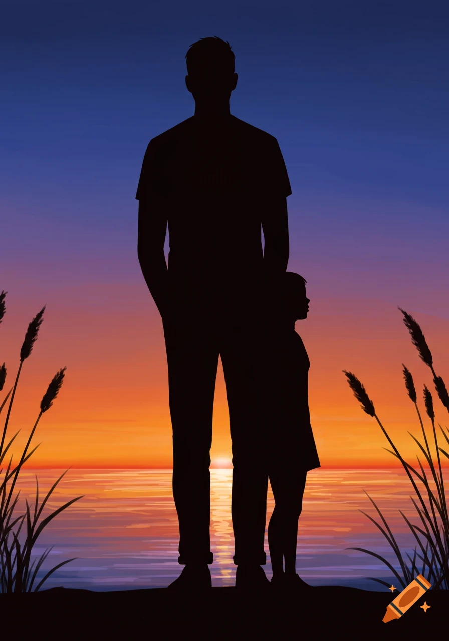 Silhouettes of a tall man and a shorter person standing by the water with reeds during a vibrant sunset.