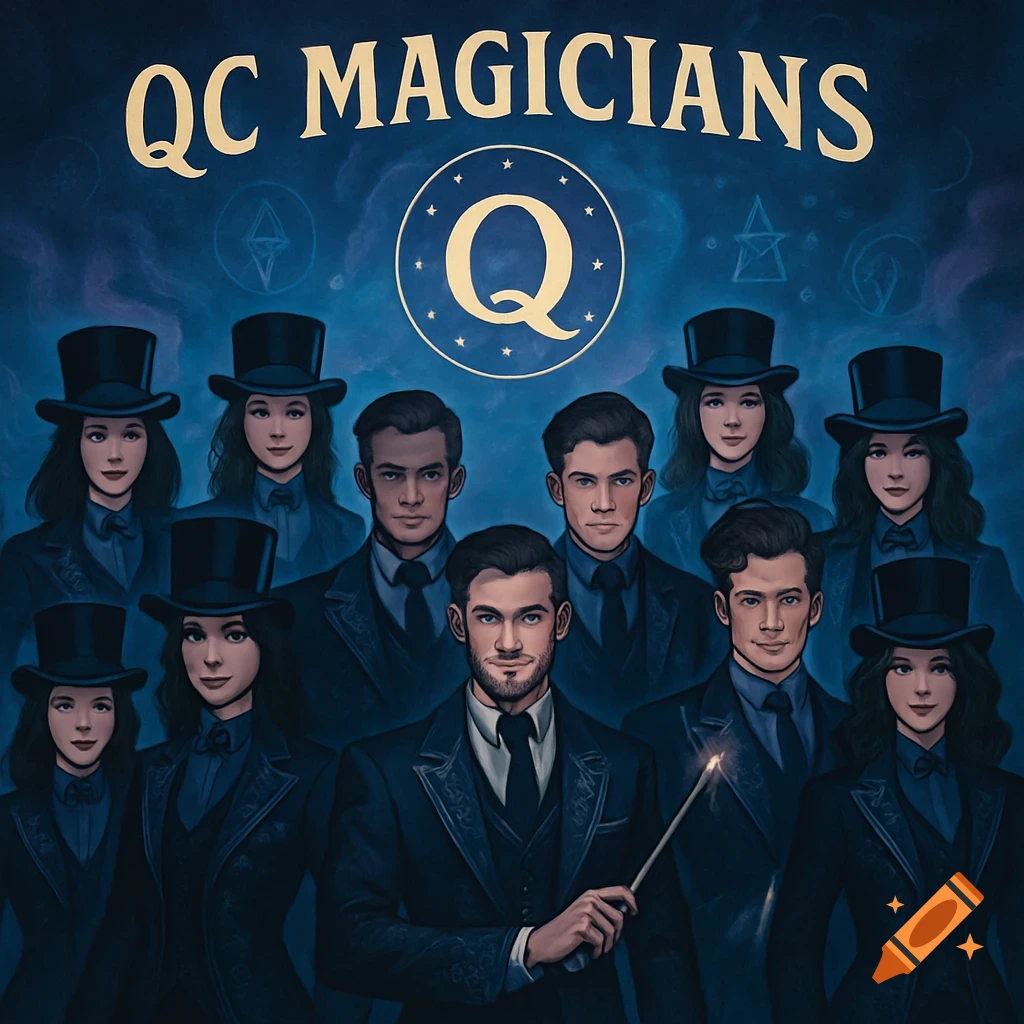 Illustrated group portrait of 9 magicians (6 women, 3 men) in dark suits and top hats, with "QC Magicians" text at the top.