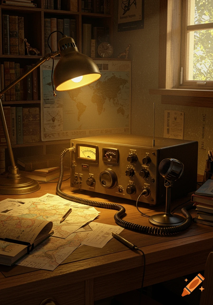 A detailed, photorealistic image of a vintage ham radio setup on a wooden desk, illuminated by a desk lamp. Maps, books, and a microphone are also on the desk.