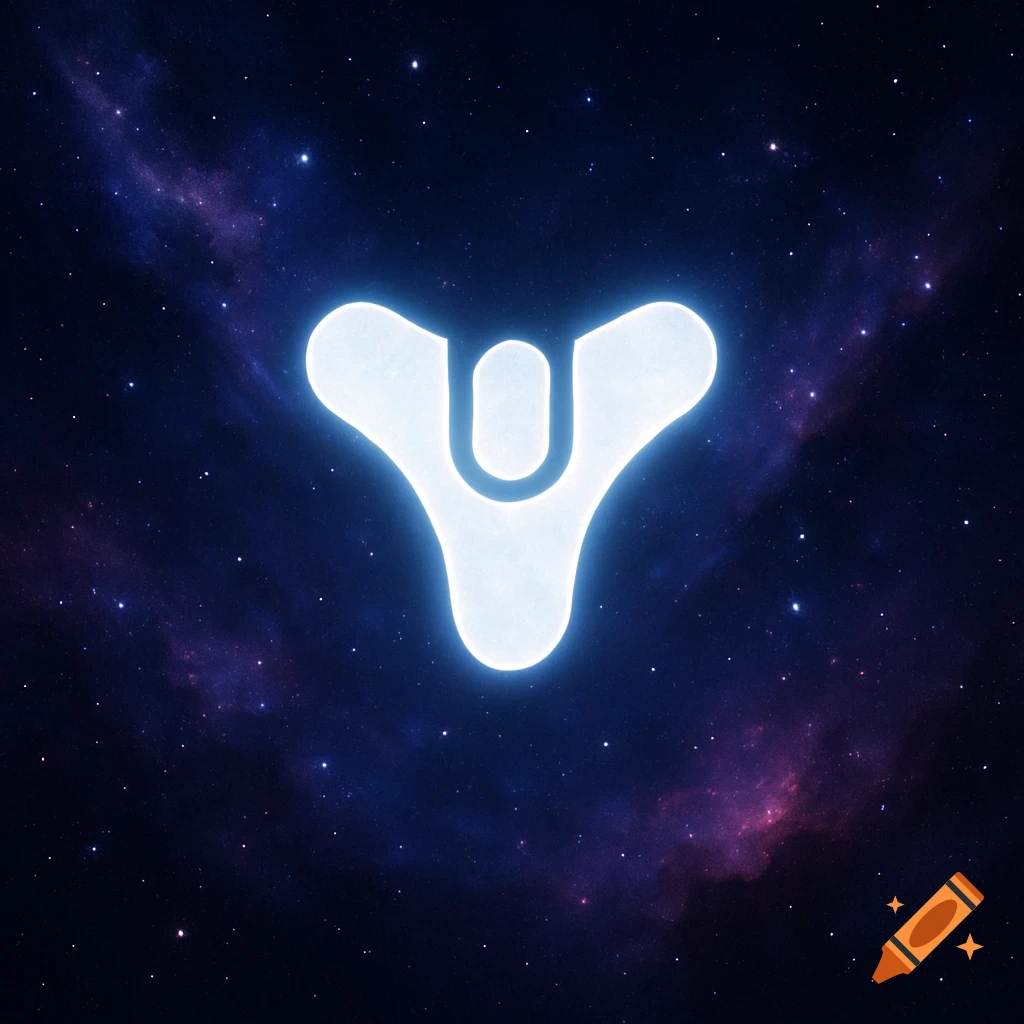 A glowing white Destiny video game logo set against a vibrant blue and purple starry galaxy background.