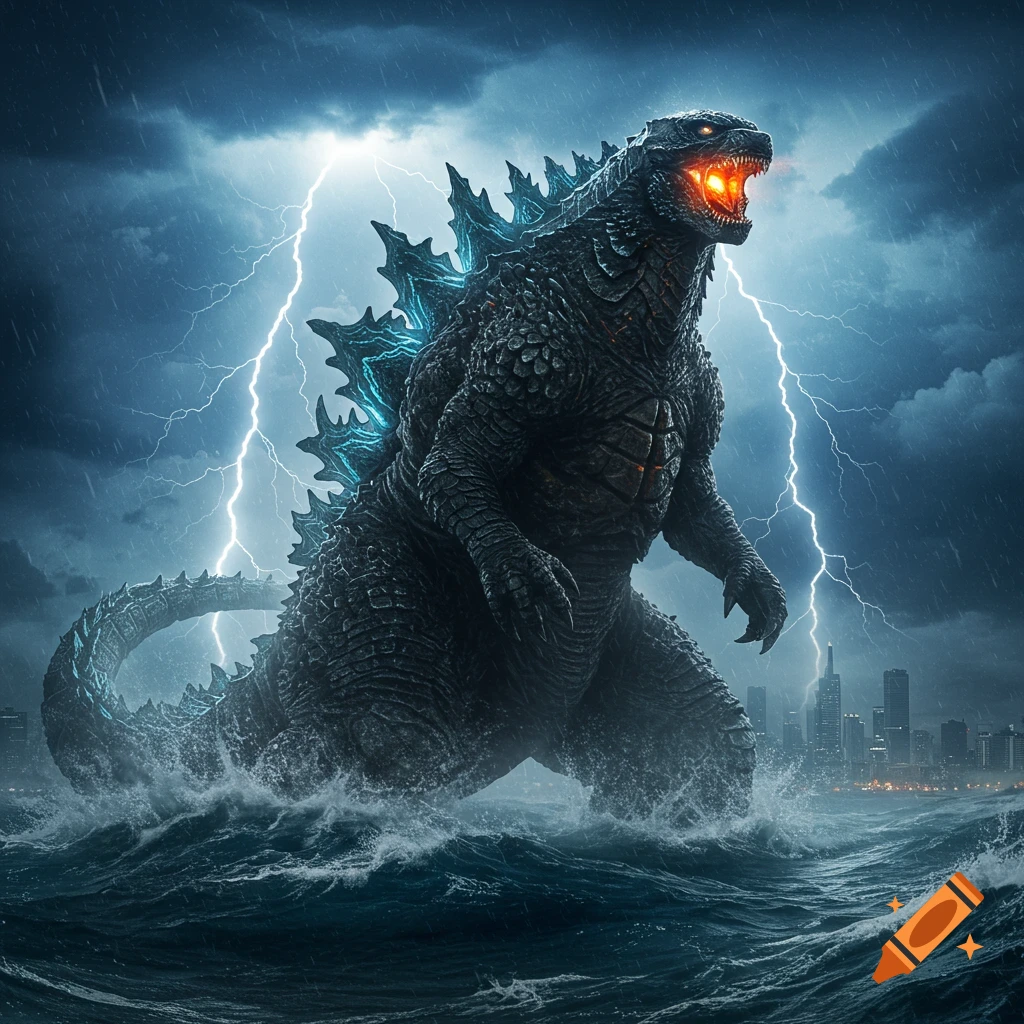 A giant Godzilla-like monster with glowing eyes and blue fins emerges from stormy ocean waves under lightning, with a city in the background.