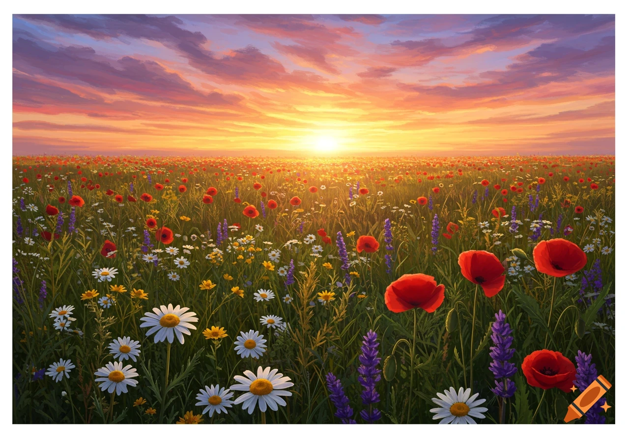 A vibrant field of red poppies, white daisies, and purple wildflowers at sunset under a dramatic sky.