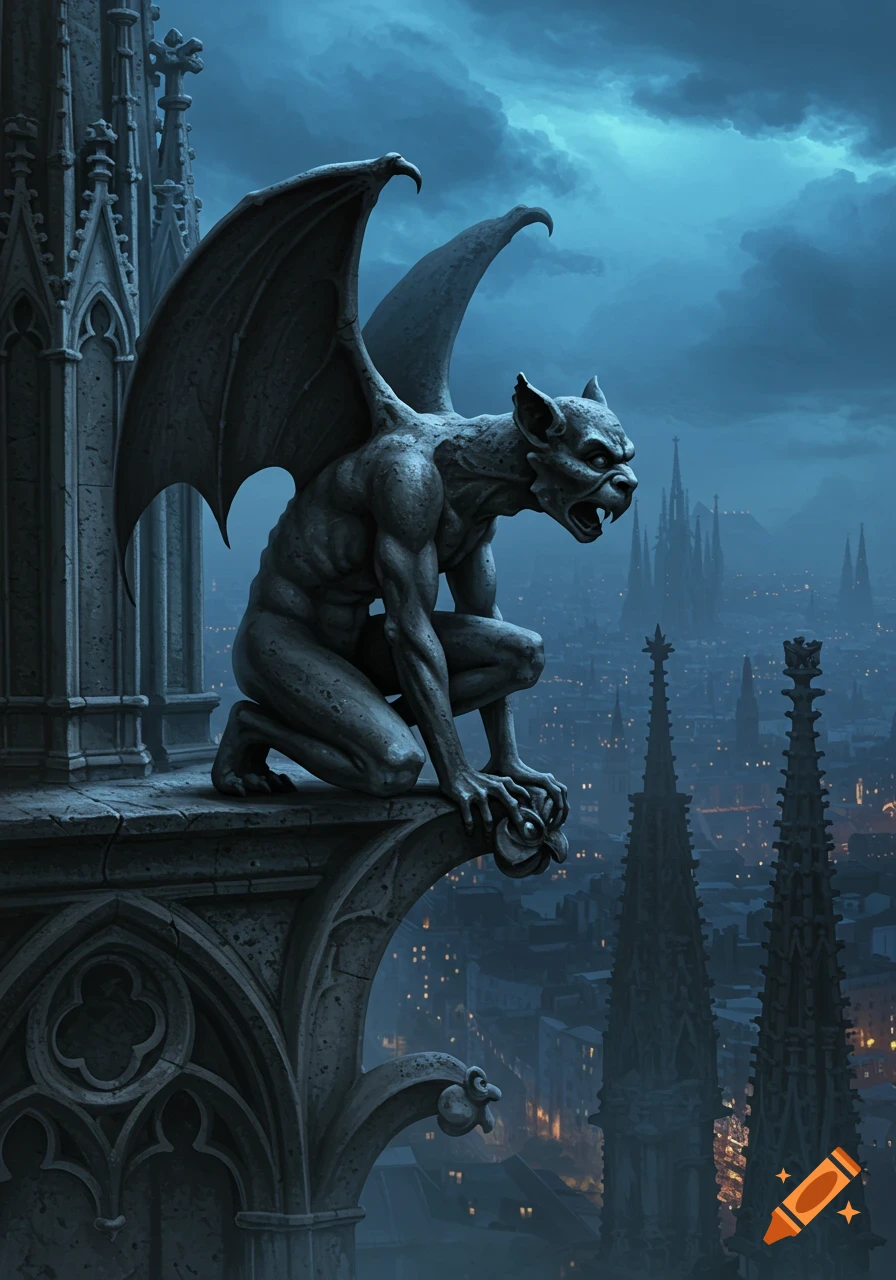 A stone gargoyle statue perched on a gothic cathedral overlooking a sprawling city at dusk.