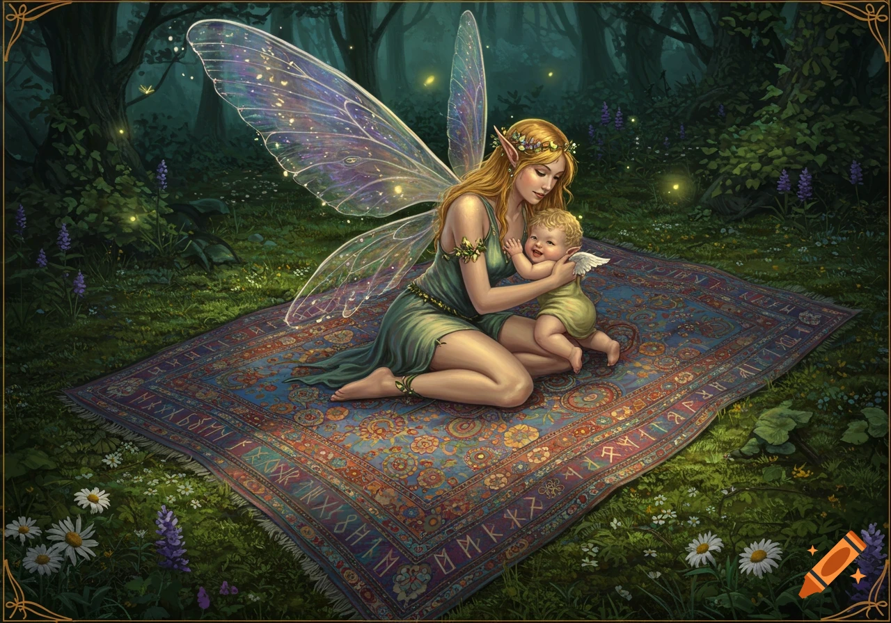 A serene fairy mother with long blonde hair and glowing wings sits on an ornate rug in a magical forest, cradling a smiling baby.