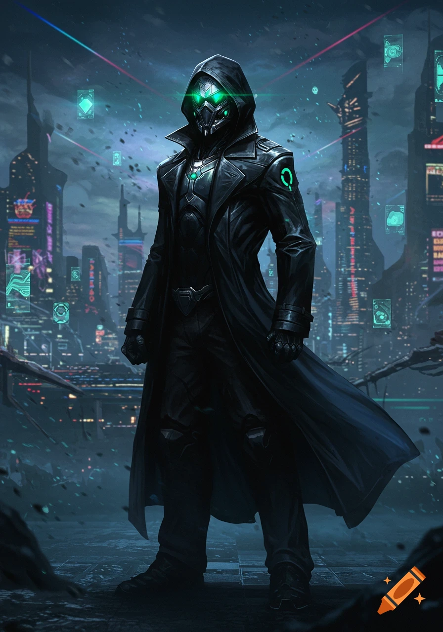 A mysterious cloaked figure with glowing green eyes and cybernetic elements stands in a dark, futuristic cyberpunk city.