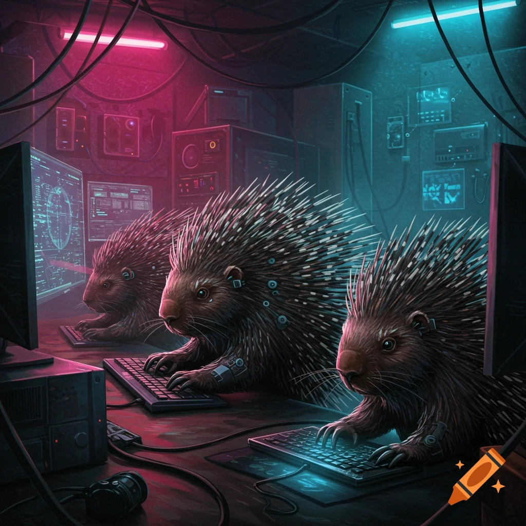 Three porcupines in a dark, neon-lit cyberpunk computer lab, typing on keyboards and looking at glowing screens with data and code.