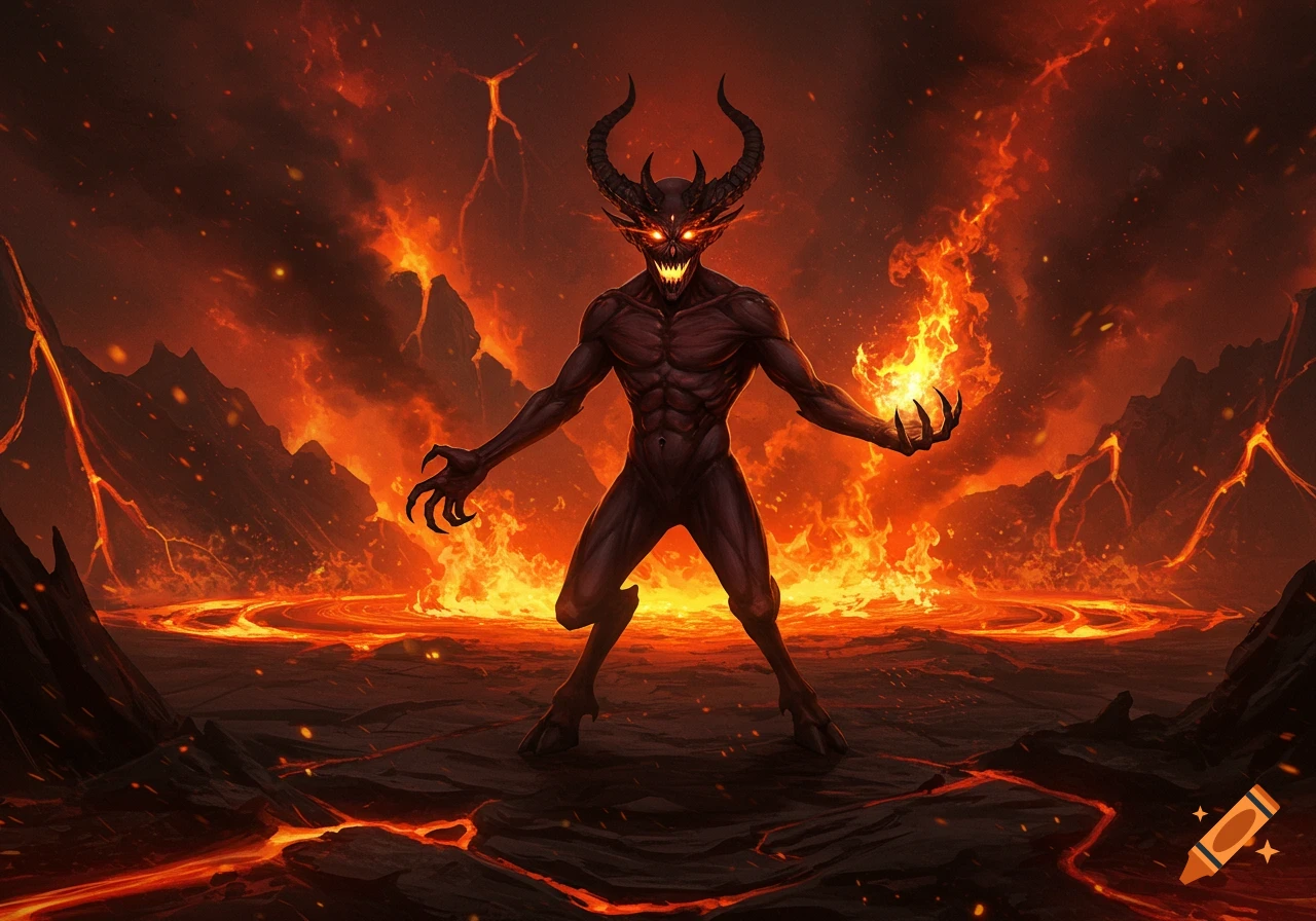 A horned demon with glowing eyes stands in a fiery hellscape, gathering a ball of flame in its hand. Digital illustration.