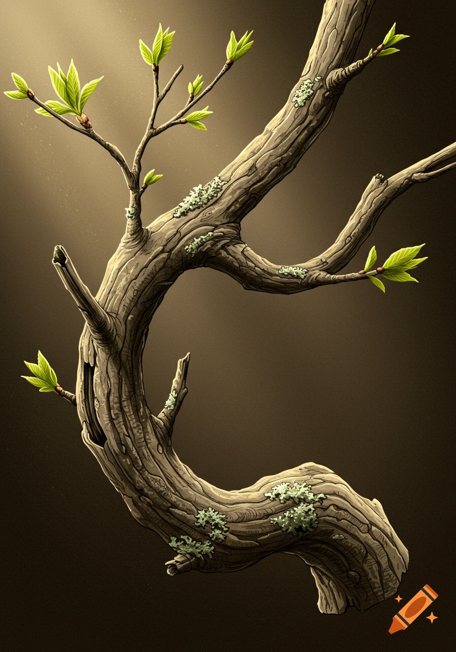 An illustration of a gnarled tree branch with sprouting green leaves and patches of light green lichen against a dark, warm background.