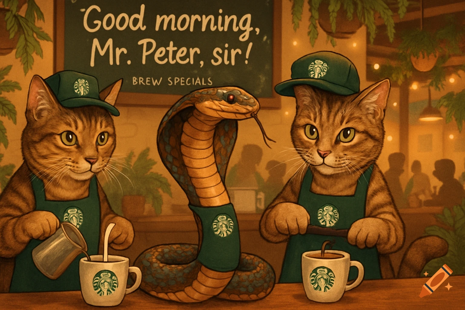 Cartoon cats and a cobra in green aprons make coffee in a cafe. A sign reads 'Good morning, Mr. Peter, sir!'