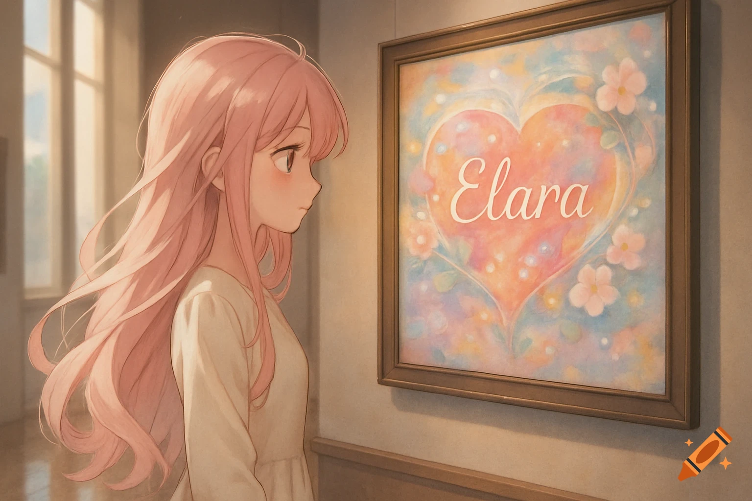 Anime girl with pink hair looking at a painting of a heart with 'Elara' written on it in a gallery.
