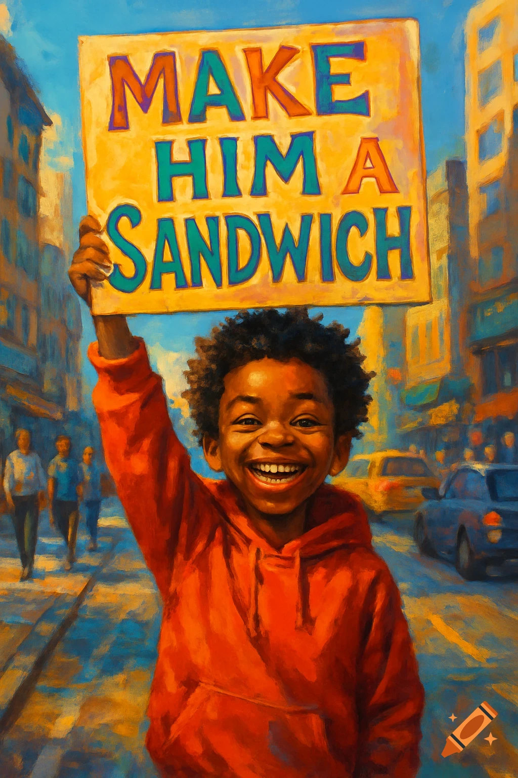 A young Black boy smiles widely, holding a yellow protest sign that says 'MAKE HIM A SANDWICH' in a vibrant oil painting style city street.