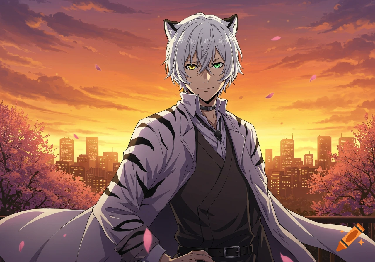 An anime character with white hair, tiger ears, and heterochromia smiles against a vibrant sunset over a city skyline with cherry blossoms.