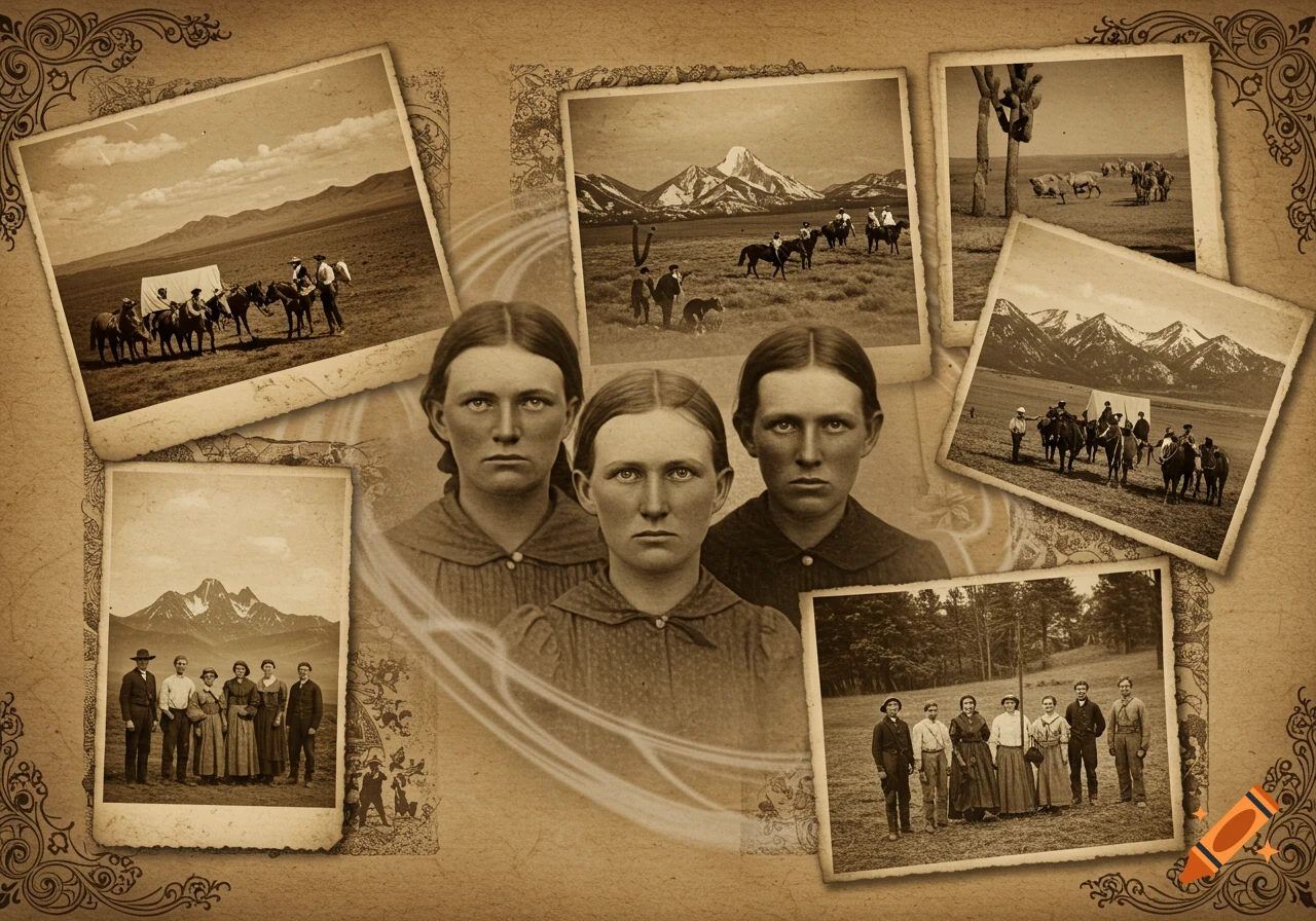 A sepia-toned collage of vintage photographs featuring stern-faced women in the foreground, surrounded by smaller photos depicting groups of pioneers, horses, and mountainous landscapes.
