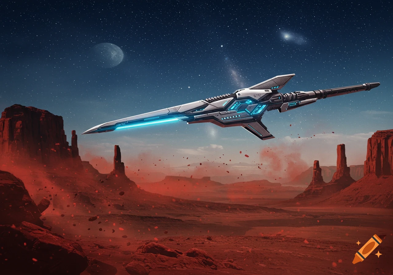 A futuristic, glowing sci-fi lance flies over a red, rocky alien desert landscape under a starry sky with a moon.