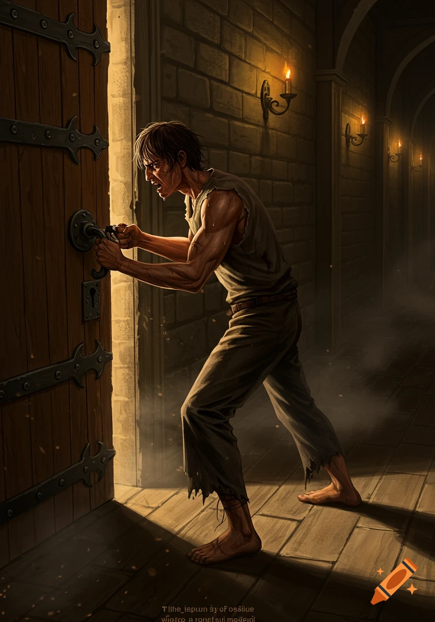 Man with tattered clothes struggling to open a heavy wooden door in a dimly lit dungeon corridor, lit by torchlight.