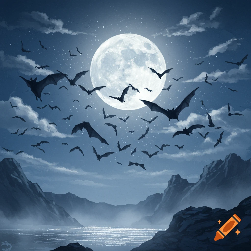 Hundreds of bats swarm around a brilliant full moon in a starry night sky above a dark mountain landscape and reflective lake.