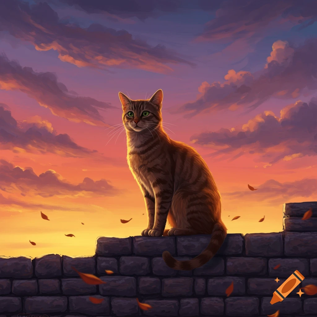 A brown tabby cat sits on a stone wall against a vibrant orange and purple sunset sky with clouds and falling leaves.