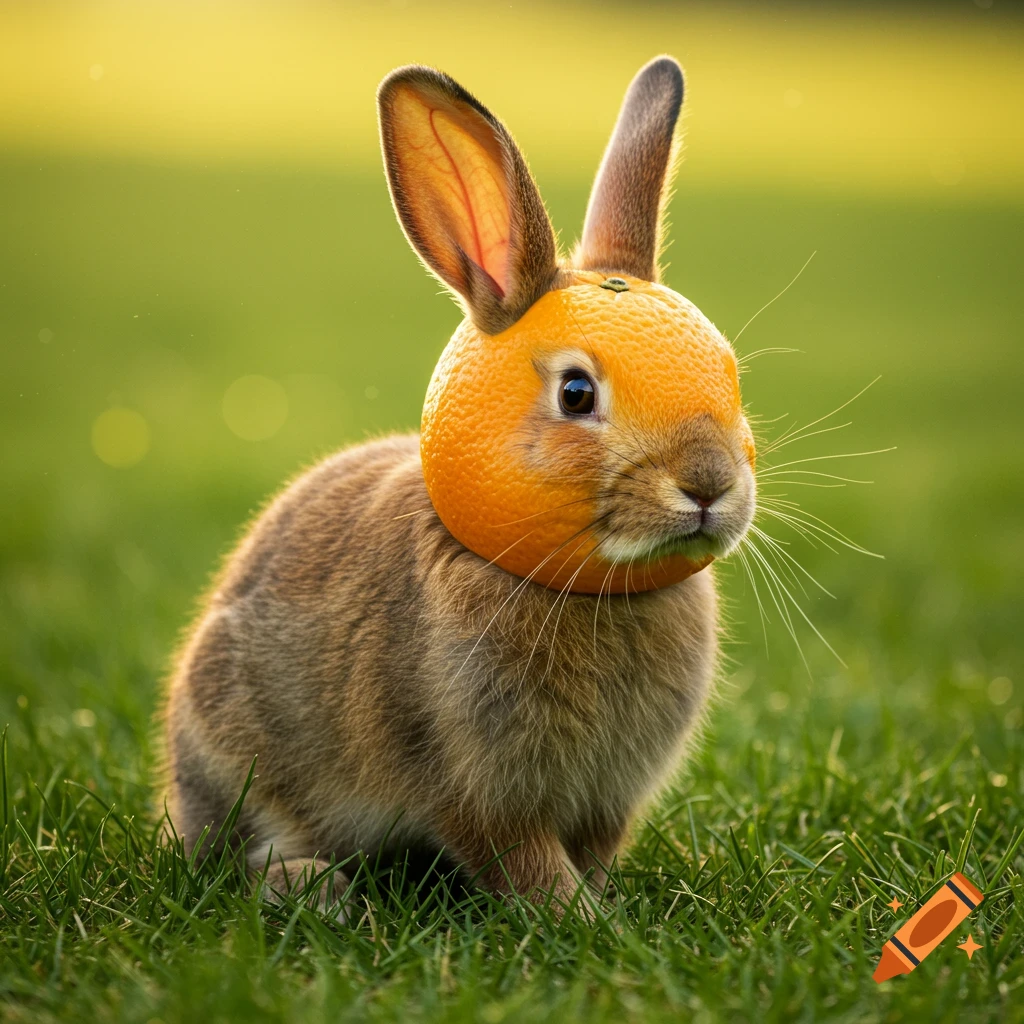 Photorealistic image of a rabbit with an orange for a head, standing in green grass.