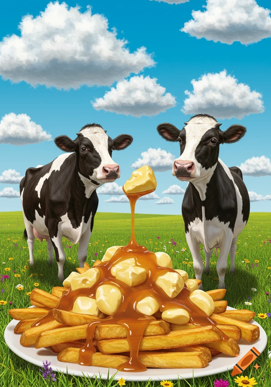 Two black and white cows stand in a vibrant green field while gravy pours from a floating cheese curd onto a plate of poutine in the foreground.