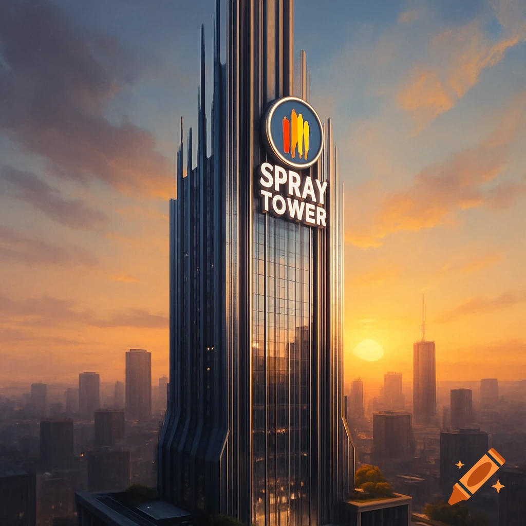 A tall, modern skyscraper named 'Spray Tower' stands prominently against a vibrant sunset over a sprawling city skyline.