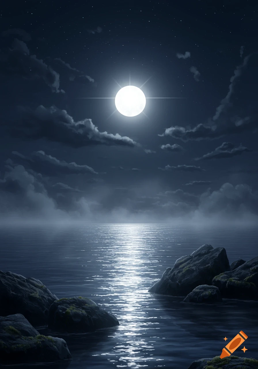Full moon shining brightly over calm water with a reflection, flanked by dark rocks in the foreground.