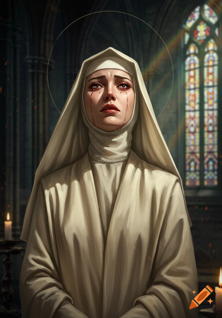A somber digital painting of a nun crying blood tears, wearing a white habit, with a halo and stained glass window background.