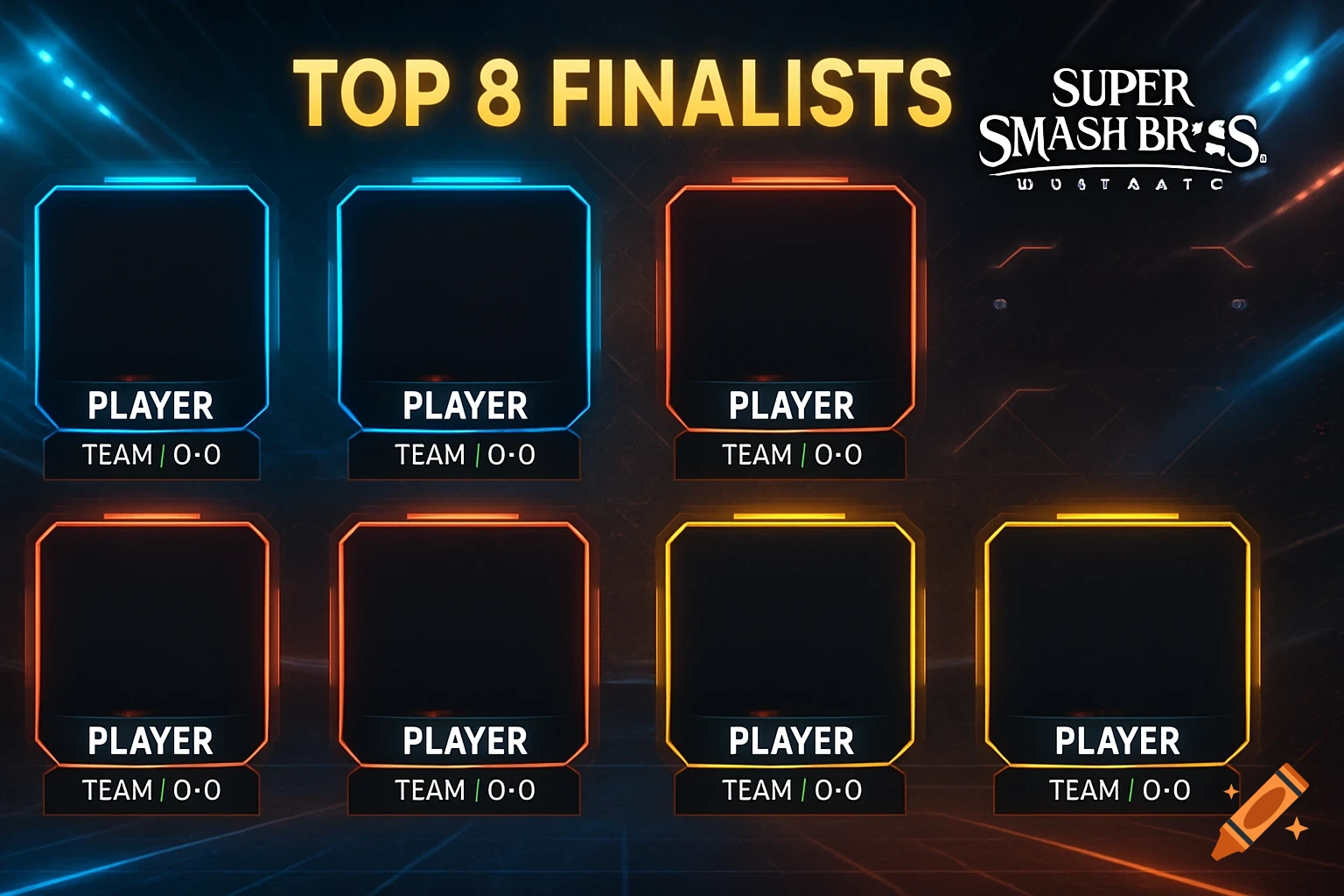 A template for a Super Smash Bros. esports tournament bracket, showing 'TOP 8 FINALISTS' and player placeholders.