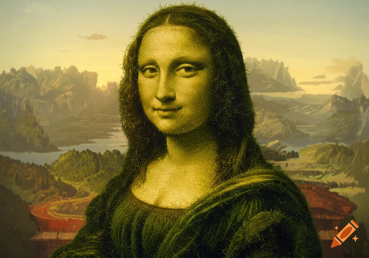 A surreal portrait of the Mona Lisa, with her skin and clothing made entirely of green grass, set against a mountainous landscape.