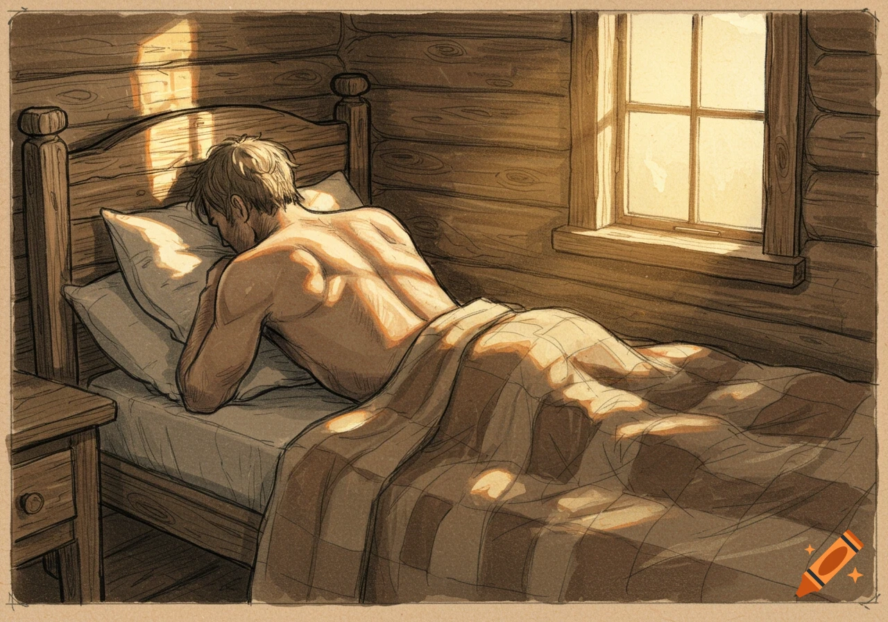 An illustrated man with short hair sleeps on his side in a rustic wooden bed, lit by sunlight from a window.