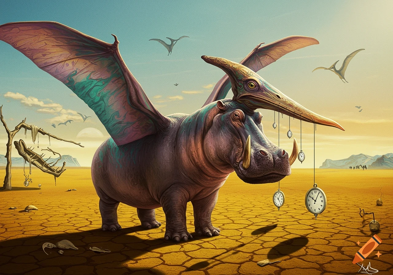 A surreal winged hippopotamus with a pterodactyl head stands in a cracked desert landscape with melting clocks.