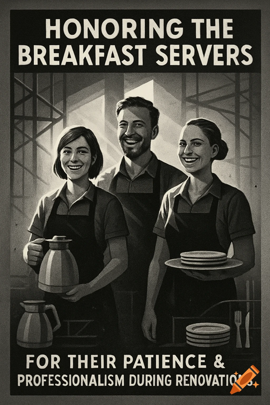 Black and white poster showing three smiling breakfast servers yu2013 two women and one man yu2013 with text honoring them for their patience during renovations.