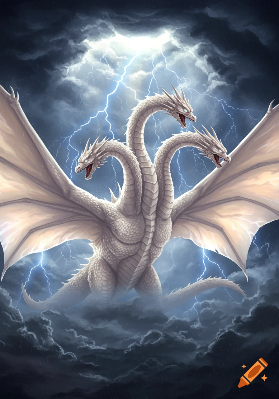 A majestic three-headed white dragon with large wings flies through a dark, stormy sky with lightning, digital art.